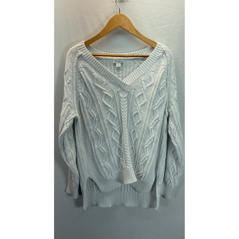 Sundance Cable Knit Women's S White Cotton Preppy V Neck Classic Casual